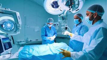 A team of doctors in a modern operating room, performing a surgery with advanced robotic video