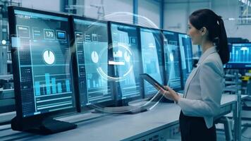 A Female engineer holding a tablet Use a computer screen to work. video