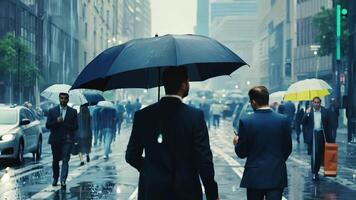 Behind the scenes, a businessman in the middle of an umbrella walks in the street when it is raining. video