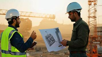 Two engineers talking using blueprints construction drawings at construction site video
