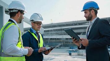 A team of engineers talk in a large construction-sized building. video