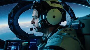 Astronaut piloting a spaceship Cockpit view in a spaceship, pilot ready to fly amidst vibrant space video