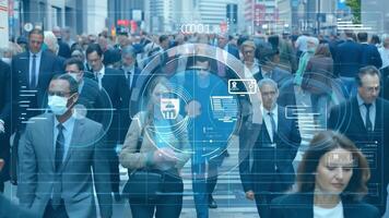 ,Global communication icon with network connections line above crowded people walking .Internet of Things And smart city video