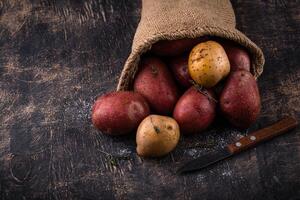 Raw uncooked potato on dark table photo