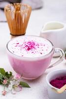 Pink matcha latte with milk photo