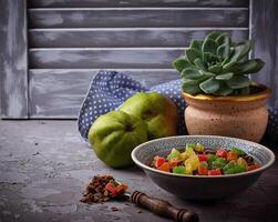 Granola with candied fruit, pears and succulent photo