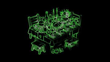 Glowing looping Easter Day table set with an Easter feast. neon frame effect, black background. video