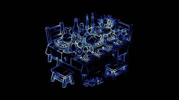 Glowing looping Easter Day table set with an Easter feast. neon frame effect, black background. video