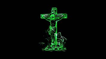 Glowing looping Easter Day Depiction of Jesus on the cross . neon frame effect, black background. video
