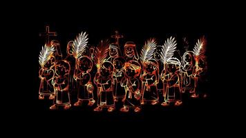 Glowing looping Easter Day Palm Sunday procession. neon frame effect, black background. video