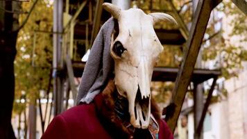 A sinister figure in an old woman's coat and with an animal skull instead of a head with a lantern in his hand video
