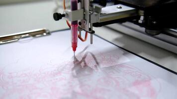 Robotic hand with a pencil draws graphic drawings on white paper. Future and art concept video