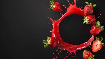 Fresh strawberries and vibrant red juice splashing creatively on a dark background, perfect for food-related designs and advertisements. video