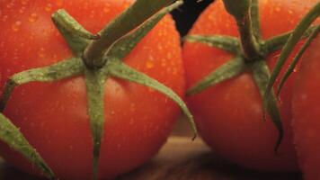 Red ripe tomatoes are shown in close up, with their green stems and dew drops glistening. The tomatoes are positioned side-by-side, showcasing their vibrant color and freshness. video