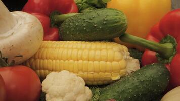 A close-up view of fresh vegetables and corn, showcasing their vibrant colors and textures. The assortment includes red bell peppers, green cucumbers, a white mushroom, and a yellow ear of corn video