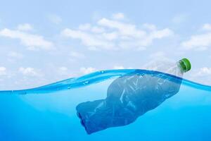 plastic waste at the ocean, a plastic bottle floating in the Mediterranean sea at the water surface photo