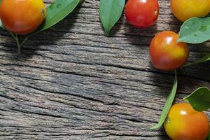Fresh tomatoes on a dark background, top view. photo