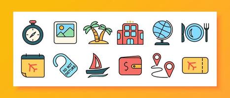 Vacation icon set. Compass, photo, palm tree, hotel, globe, dining, calendar, do not disturb, sailboat, wallet, location markers, ticket. vector