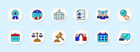 Voting set icon. Badge, voting button, government building, ballot paper, voters, approval mark, campaign board, justice scales, gavel, high-five, calendar, speech bubble, election, democracy, civic. vector