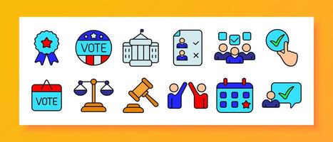 Election icon set. Vote badge, government building, candidate list, voters, checkbox, ballot, scales of justice, gavel, political parties, voting calendar. vector
