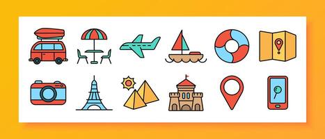 Travel icon set. Camper van, umbrella table, airplane, sailboat, lifebuoy, map, camera, landmarks, location pin, mobile GPS. vector