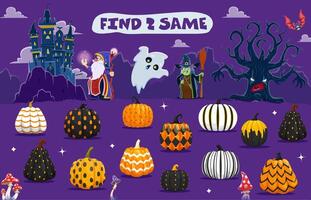 Halloween game, help wizard find two same pumpkins vector