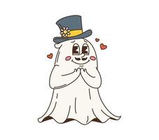 Groovy Halloween ghost character with top hat vector