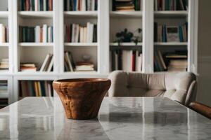 Wooden table on marble surface, blurred white bookshelf backdrop photo