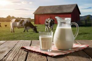 Rustic wooden table with milk pitcher on checkered cloth, red barn backdrop photo