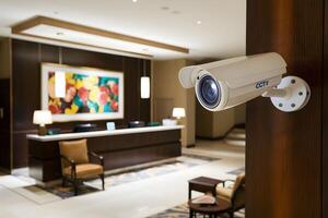 Well lit hotel lobby with CCTV camera, reception desk visible photo
