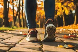Person walking on autumn path with vibrant leaves and sunlight photo