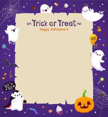 Halloween banner with vintage scroll and ghosts