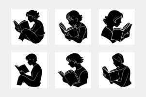 set of silhouettes of little boys sitting while reading a book vector