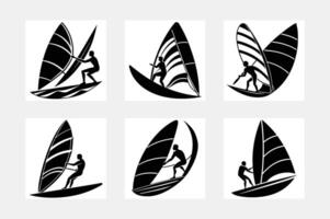 Windsurfing logo in negative space style , black on white background. Windsurfing in the jump. illustration set vector