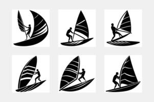 Windsurfing logo in negative space style , black on white background. Windsurfing in the jump. illustration set vector