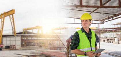 Engineer man in hardhats with tablet on construction site, Foreman checking project at the precast concrete factory site photo