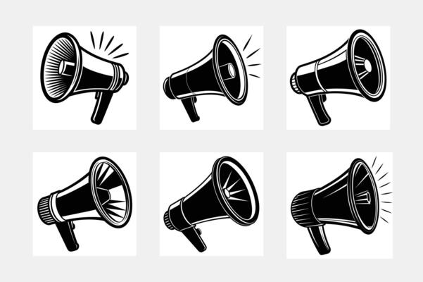 Set of megaphone icons in flat black color isolated on white background