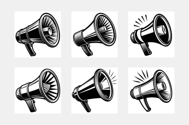 Set of megaphone icons in flat black color isolated on white background