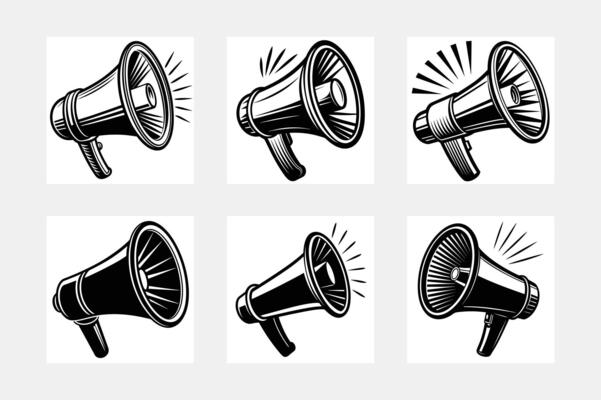 Set of megaphone icons in flat black color isolated on white background