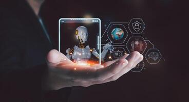 Businessman is showing concept of future technology and internet connection network with AI as controller. A graphic floated in the air on his hand. Data center network concept. photo