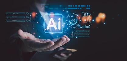 business man holding a mobile phone Showcasing technology from Artificial Intelligence, cutting-edge holographic graphics extend beyond the screen. Business data analysis assistant technology concept photo