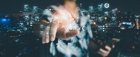 business man holding a mobile phone Showcasing technology from Artificial Intelligence, cutting-edge holographic graphics extend beyond the screen. Business data analysis assistant technology concept photo