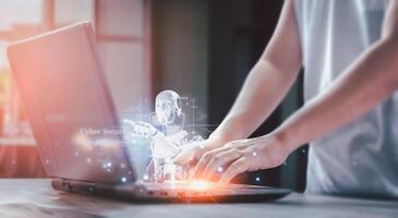 Businessman is showing concept of future technology and internet connection network with AI as controller. A graphic floated in the air on his hand. Data center network concept. photo
