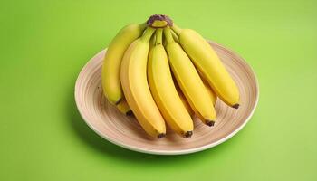 a bunch of bananas on a plate with a green background photo