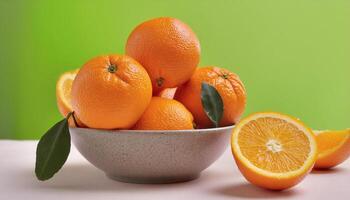 a plate of oranges with half cuts and a green background photo