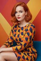 Young Lady in Colorful abstract dress with red hair sitting in front of colorful wall for photography photo