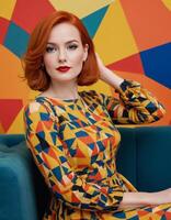 hotography of a woman in a colorful abstract pattern dress with red hair in front of a colorful wall photo