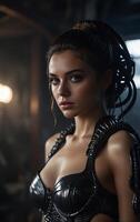 Futuristic Female in Black Armor looking stunning photo