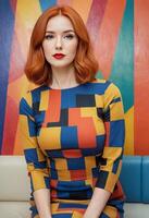 hotography of a woman in a colorful abstract pattern dress with red hair in front of a colorful wall photo