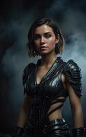 Futuristic Female in Black Armor looking stunning photo